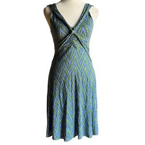 Y2K Vintage FREE PEOPLE | Blue and Green V Neck Fit and Flare Dress Extra Small